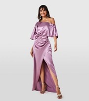 Goddiva Deep Pink Satin Drape Shoulder Maxi Wrap Dress